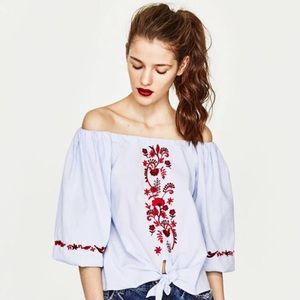 Zara Embroidered Off the Shoulder Tie Front Top